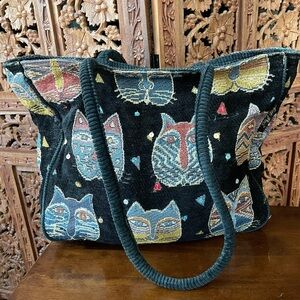 Vintage Laurel Burch Black Cat Corduroy Woven Textile Pattern Tote Bag